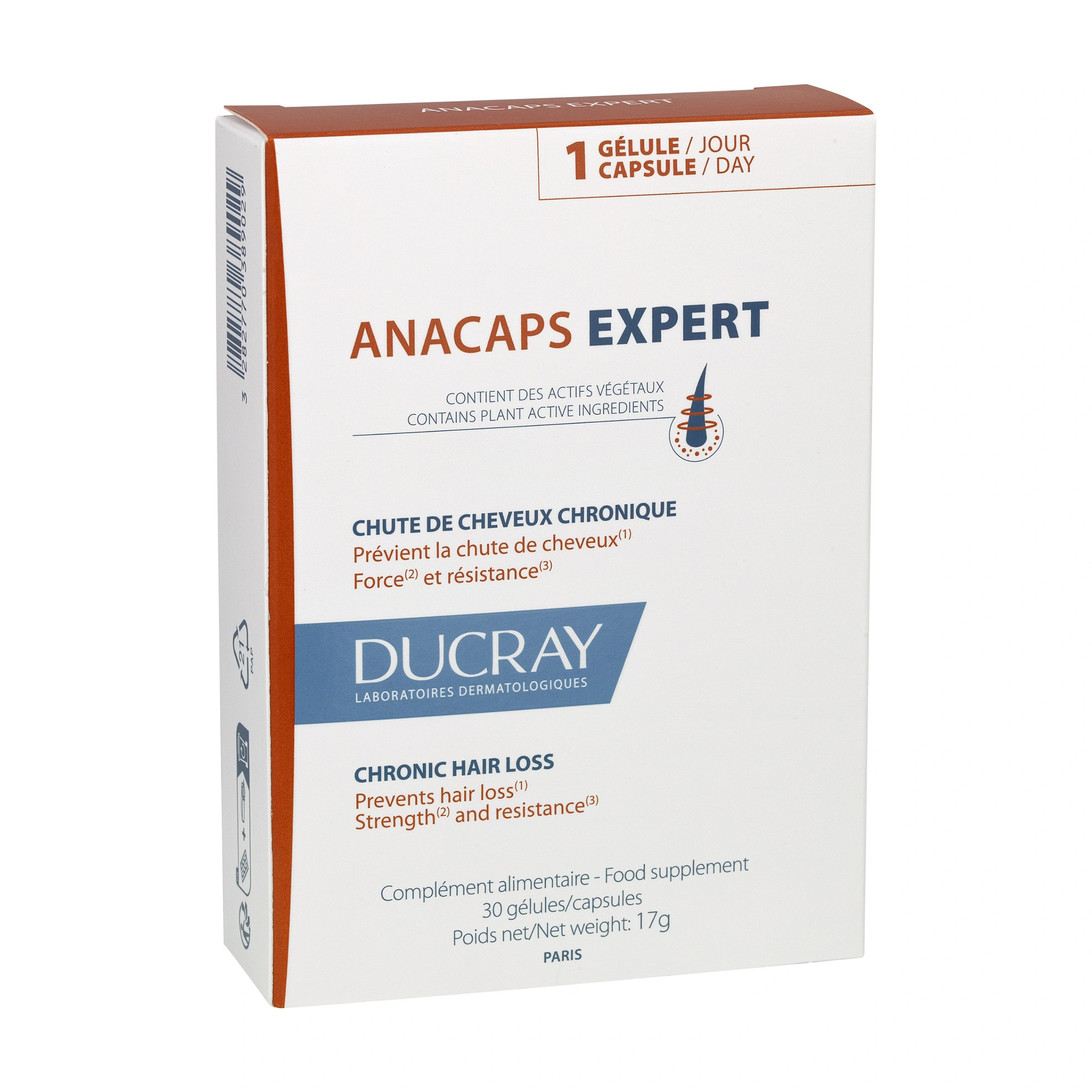 Ducray, Anacaps Еxperct, хранителна добавка против косопад и поддържане на здрава коса и нокти, 30 капсули