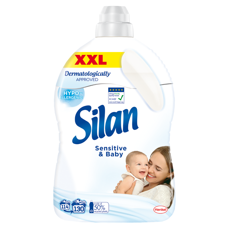 Silan Sensitive & Baby, омекотител за тъкани за чувствителна кожа, 130 изпирания, 2.86 л.