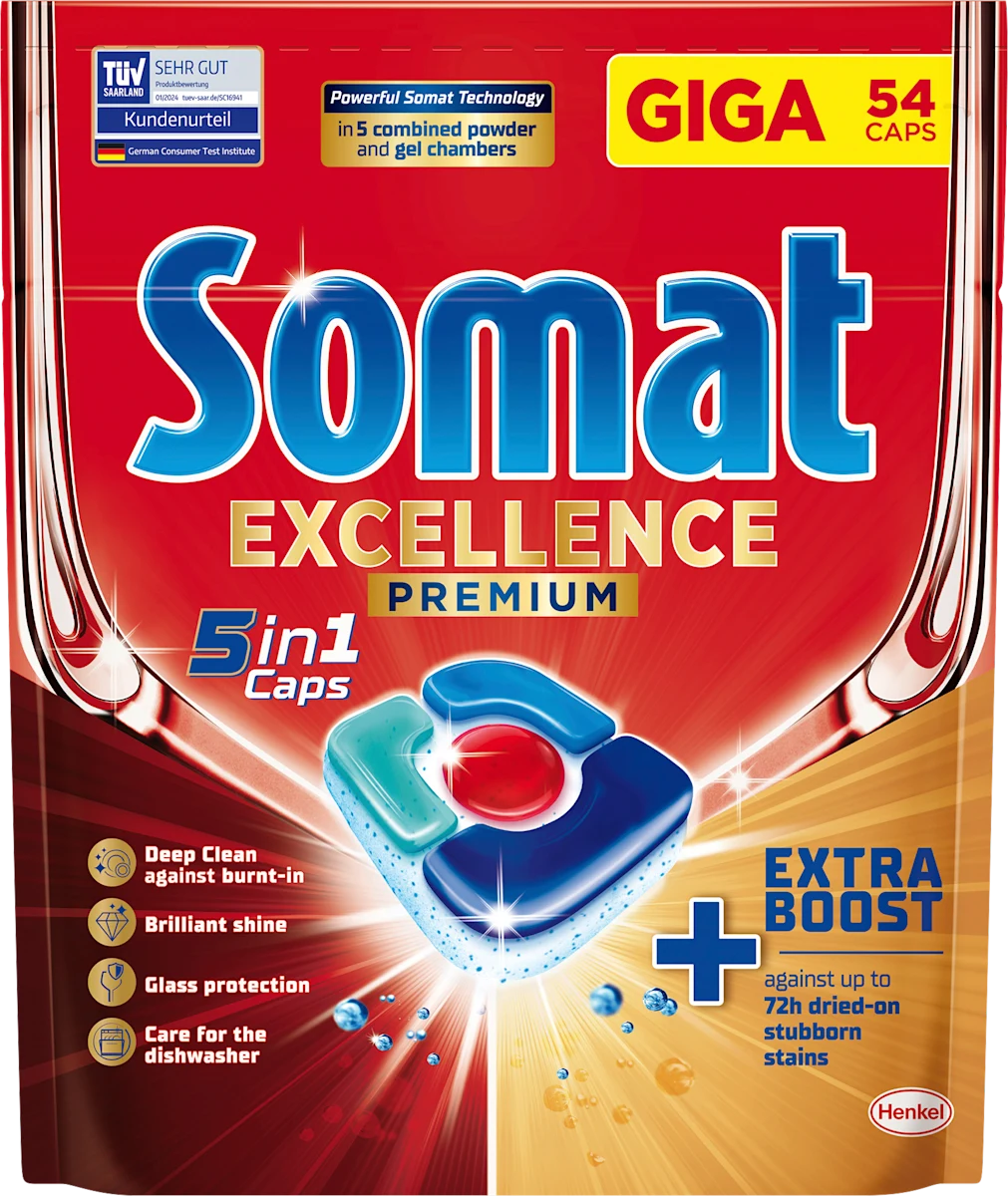 Somat Excellence Premium 5in1, капсули за съдомиялна машина 5в1, 54 бр.
