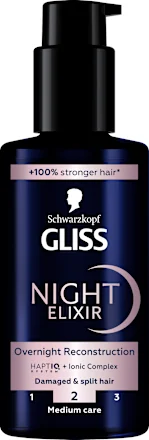 Gliss Night Elixir Overnight Reconstruction нощен еликсир за увредена коса с цъфтящи краища, 100 мл.