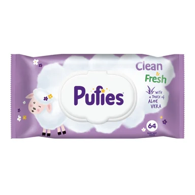 Pufies Clean and Fresh, Мокри кърпички с алое вера за бебета, 64 броя