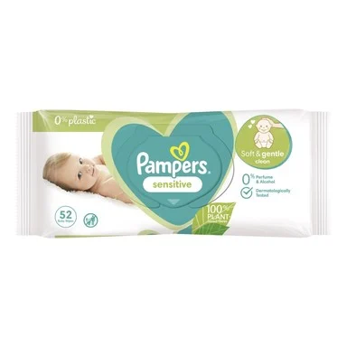 Pampers Sensitive 0% Plastic, Мокри кърпи от растителни влакна, 52 броя
