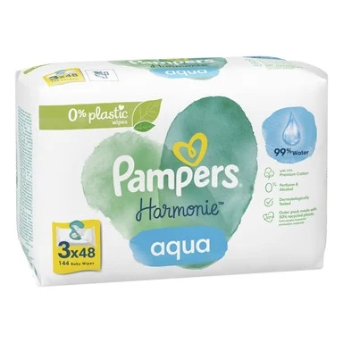 Pampers Harmonie Aqua 0% Plastic, Мокри кърпи, 3x48 броя