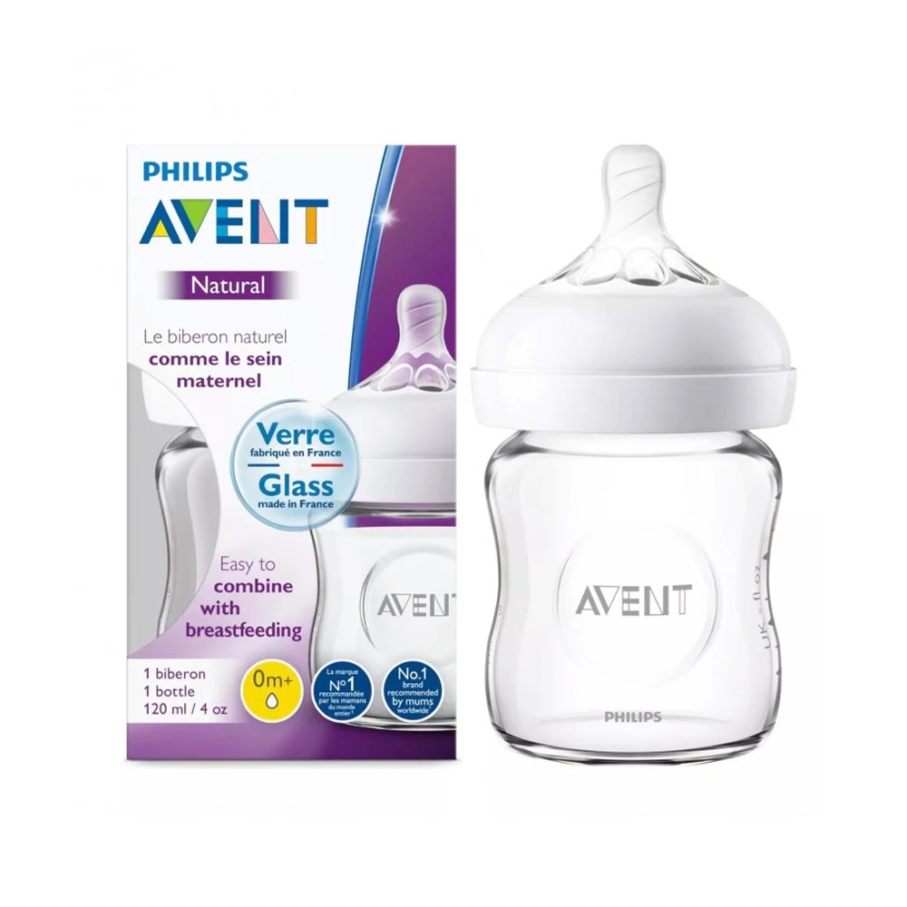 Avent Natural, Стъклено шише и биберон с 1 дупка, 0+ месеца, 120 мл