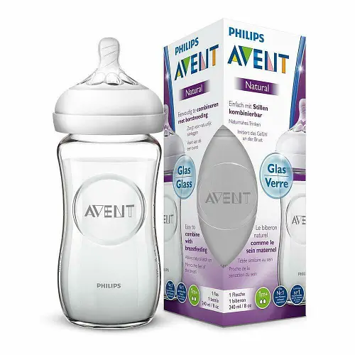 Philips Avent Natural, Стъклено шише и биберон с 1 дупка, 0+ месеца, 120 мл