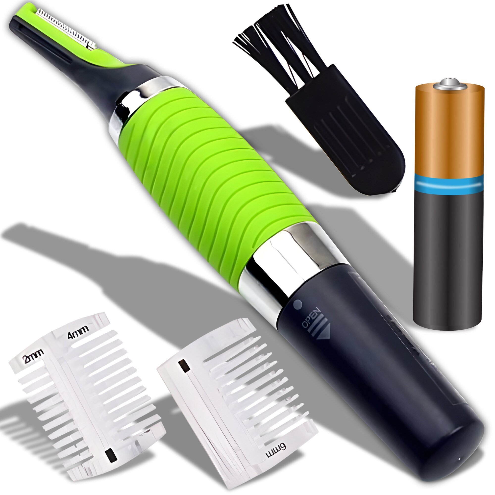 Тример за нос, уши и вежди с INOX ножчета, 2 глави, с LED светлина, черно-зелен