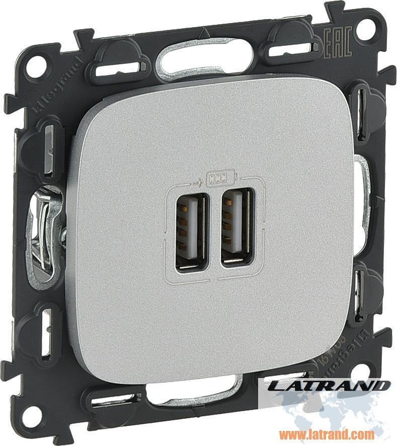 Presa 2xUSB per ricarica tipo A 5V 2.4A 12W colore Alluminio Valena Allure (kit con meccanismo) Legrand - 754997