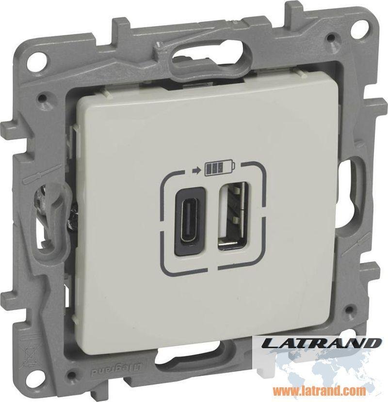 Розетка 2хUSB за зареждане тип A+C 5V 3A 15W цвят Крем Niloe Legrand - 764697