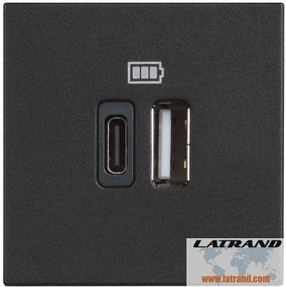 Enchufe 2xUSB para carga tipo A+C 5V 3A 2 mod. 2 mod. color Negro Classia Bticino - RG4287C2