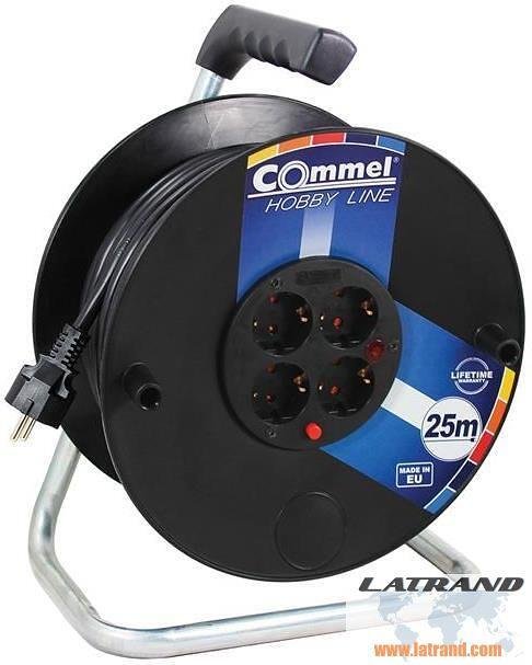 Bobina nera 25m IP20 H05VV-F 3G2.5mm2 protezione termica 4 Schuko Commel - C0959