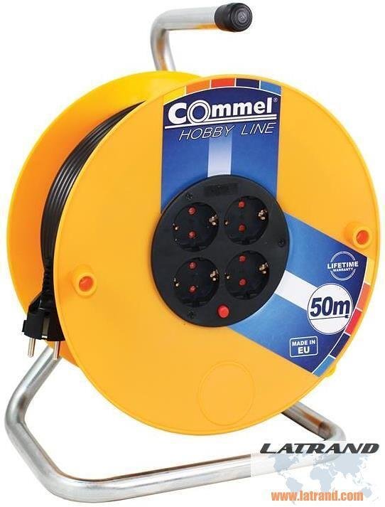 Μηχανή κίτρινη 50m IP20 H05VV-F 3G1.5mm2 θερμική προστασία 4 Schuko Commel - C0957