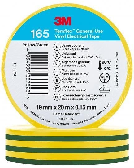 Nastro isolante colore GIALLO/VERDE Temflex 165 0.15mm x 19mm, lunghezza 20m 3M - 3M740202008