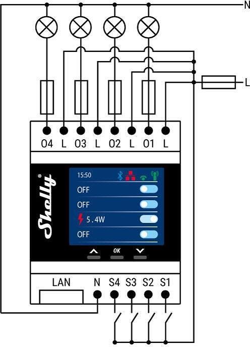 Relé Smart impulsivo 4x On/Off 16A (40A) con medidor para montaje DIN Shelly PRO 4PM - 268049