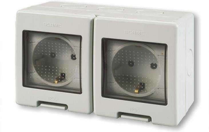 Contatto Schuko DOPPIO 16A con protezione bambini monoblocco IP55 Unibox, colore GRIGIO Scame-136.5124-407