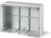 Boîte 190x140x70mm IP56, UV, parois pleines, fermeture à vis sur couvercle transparent, Scabox Scame-686.227