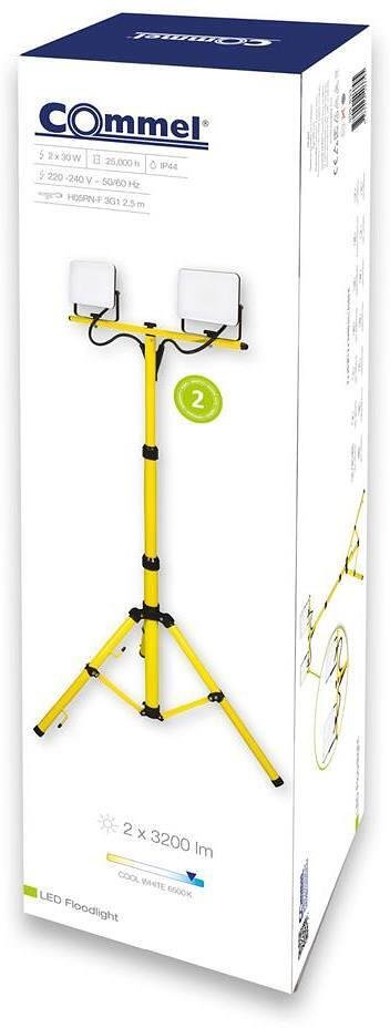 Lampe de travail 2x30W 2x3200lm 6500K avec support trépied IP44 220V avec câble H05RN-F 3x1mm2 2,5 mètres Commel - C308-533