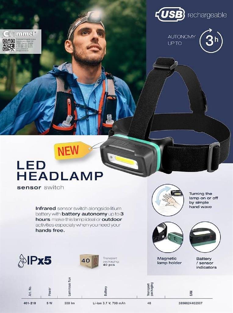 Lampe frontale LED 5W 2 niveaux de luminosité 300lm 3 heures mode travail avec batterie USB Li-ion 3,7V 700mAh support magnétique Commel - C401-210