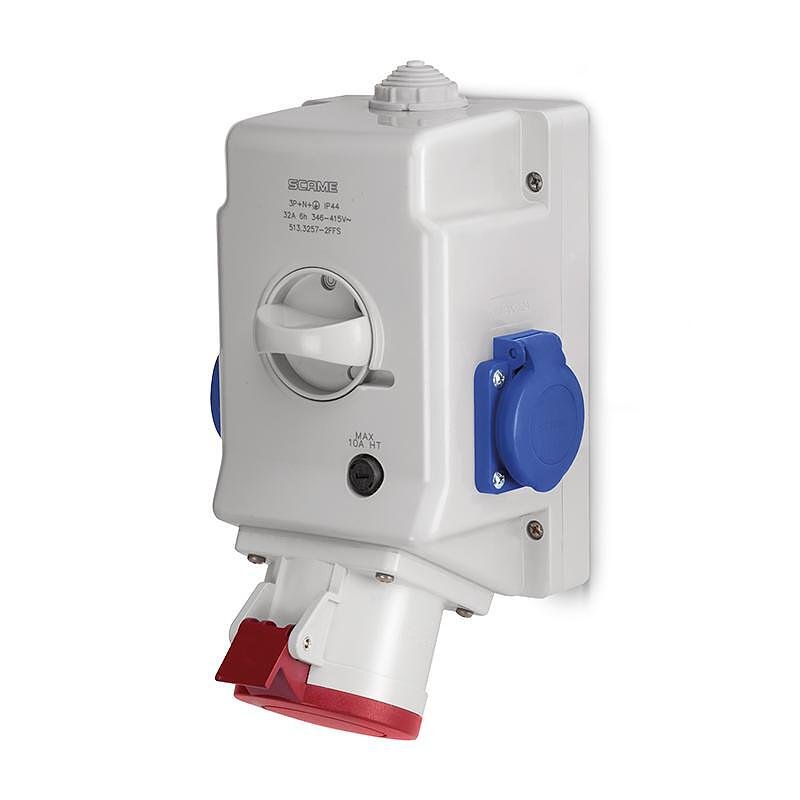 Industrieller kombinierter Steckkontakt 3P+N+E 32A+2x Schuko und Schalter 0/I IP54 Serie Optima Combi Scame-513.3257-2DFS