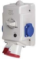 Industrieller kombinierter Steckkontakt 3P+N+E 32A+2x Schuko und Schalter 0/I IP54 Serie Optima Combi Scame-513.3257-2DFS