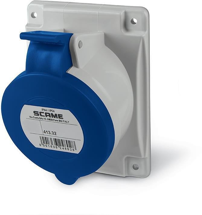 Presa industriale 2P+E 32A 230V IP54 serie Optima montaggio a pannello 84x106 mm Scame-413.3263 blu/grigia