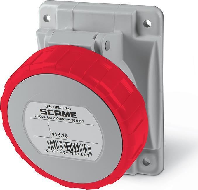 Contacto industrial 3P+E 16 A 380 V IP66 serie Optima montaje en panel 70x87 mm Scame, 418.1666 ROJO