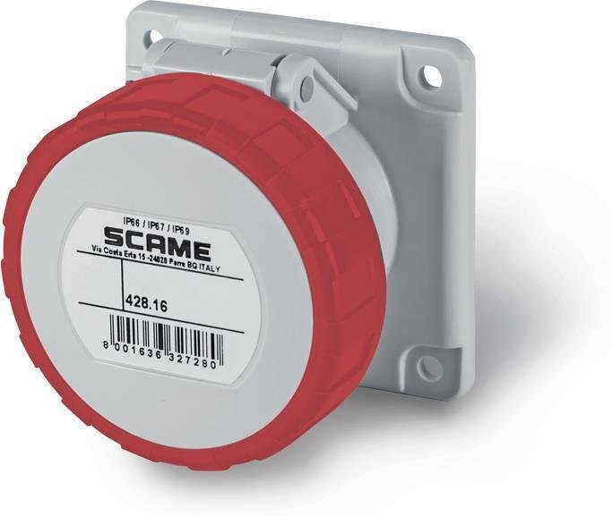 Contacto industrial 3P+E 16A IP67/69 DERECHO serie Optima montaje panel 75x75mm Scame-428.1666