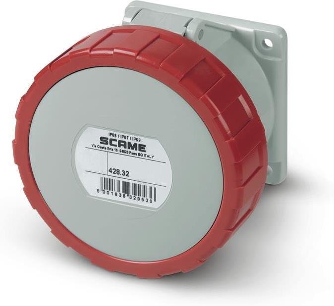 Contacto industrial 3P+E 32A IP67/69 DERECHO serie Optima montaje panel 75x75mm Scame-428.3266