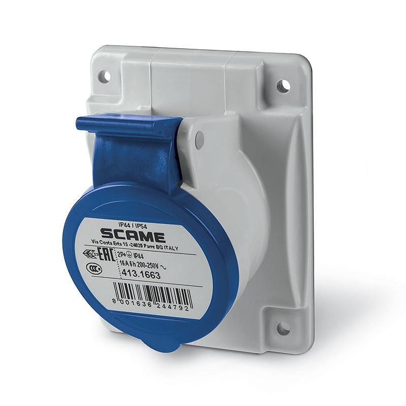 Presa industriale 2P+E 16A 230V IP54 serie Optima montaggio a pannello 70x87 mm Scame-413.1663