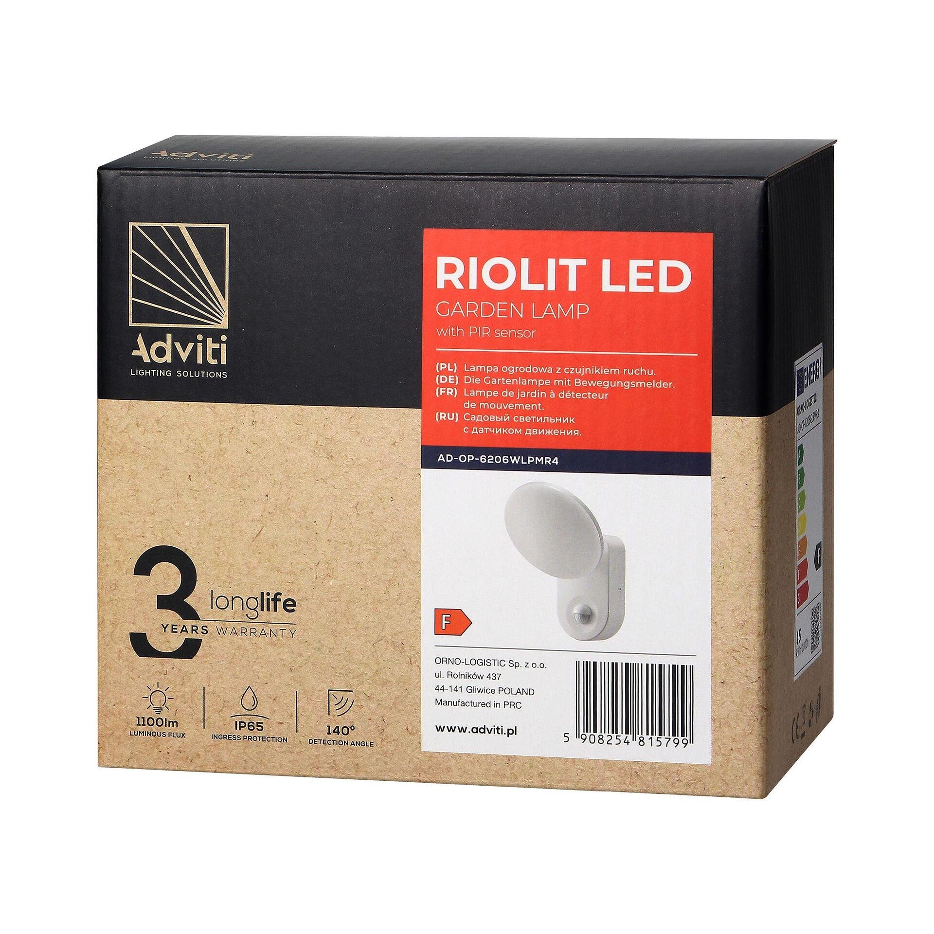 Градинско осветително тяло RIOLIT LED 15W със сензор за движение, 1100lm, IP65, 4000K, бяло, AD-OP-6206WLPMR4, ADVITI