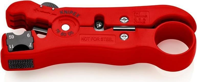 Tool for stripping coaxial cables (RG6, RG7, RG11, RG59), red handle 125mm, with opening spring, Knipex - K166006SB