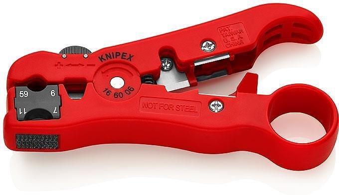 Tool for stripping coaxial cables (RG6, RG7, RG11, RG59), red handle 125mm, with opening spring, Knipex - K166006SB