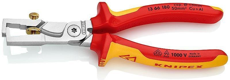 StriX stripping pliers and cable shears, chrome-plated, conductor Ø50mm, VDE 1000V yellow-red handle 180mm, Knipex - K1366180