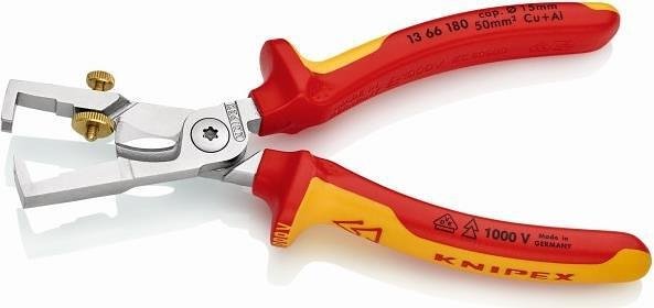 StriX stripping pliers and cable shears, chrome-plated, conductor Ø50mm, VDE 1000V yellow-red handle 180mm, Knipex - K1366180