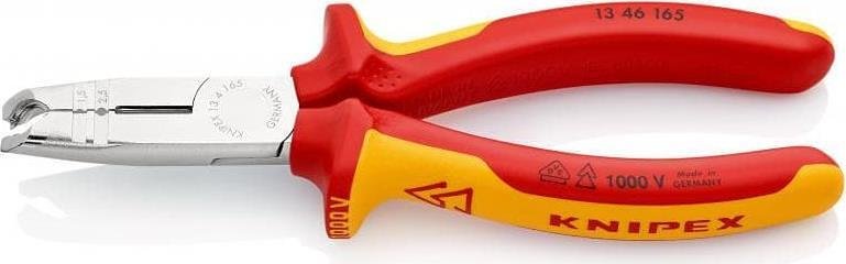 Abisolier- und Schneidzange, verchromt, Isolierung bis Ø10mm, VDE 1000V gelb-roter Griff 165mm, Knipex - K1346165