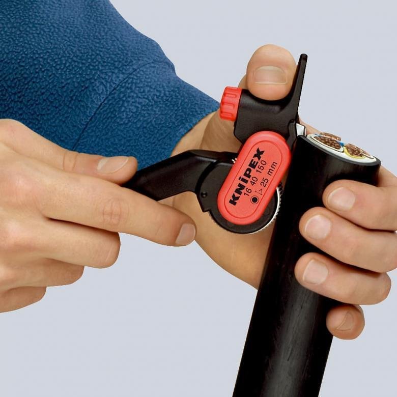 Cuchillo de cable, para aislamiento sobre Ø25mm, mango negro 150mm, Knipex - K1640150