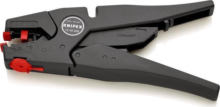 Pince de dénudage auto-ajustable, phosphatée noire, conducteur Ø0.03-10 mm, poignée 200 mm, avec ressort d'ouverture, Knipex - K1240200