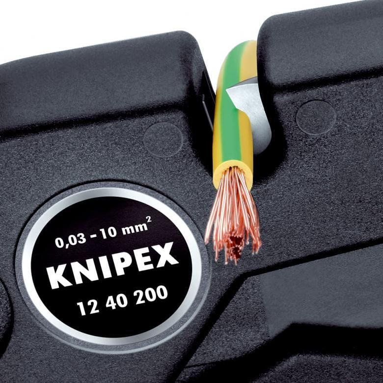 Pince de dénudage auto-ajustable, phosphatée noire, conducteur Ø0.03-10 mm, poignée 200 mm, avec ressort d'ouverture, Knipex - K1240200