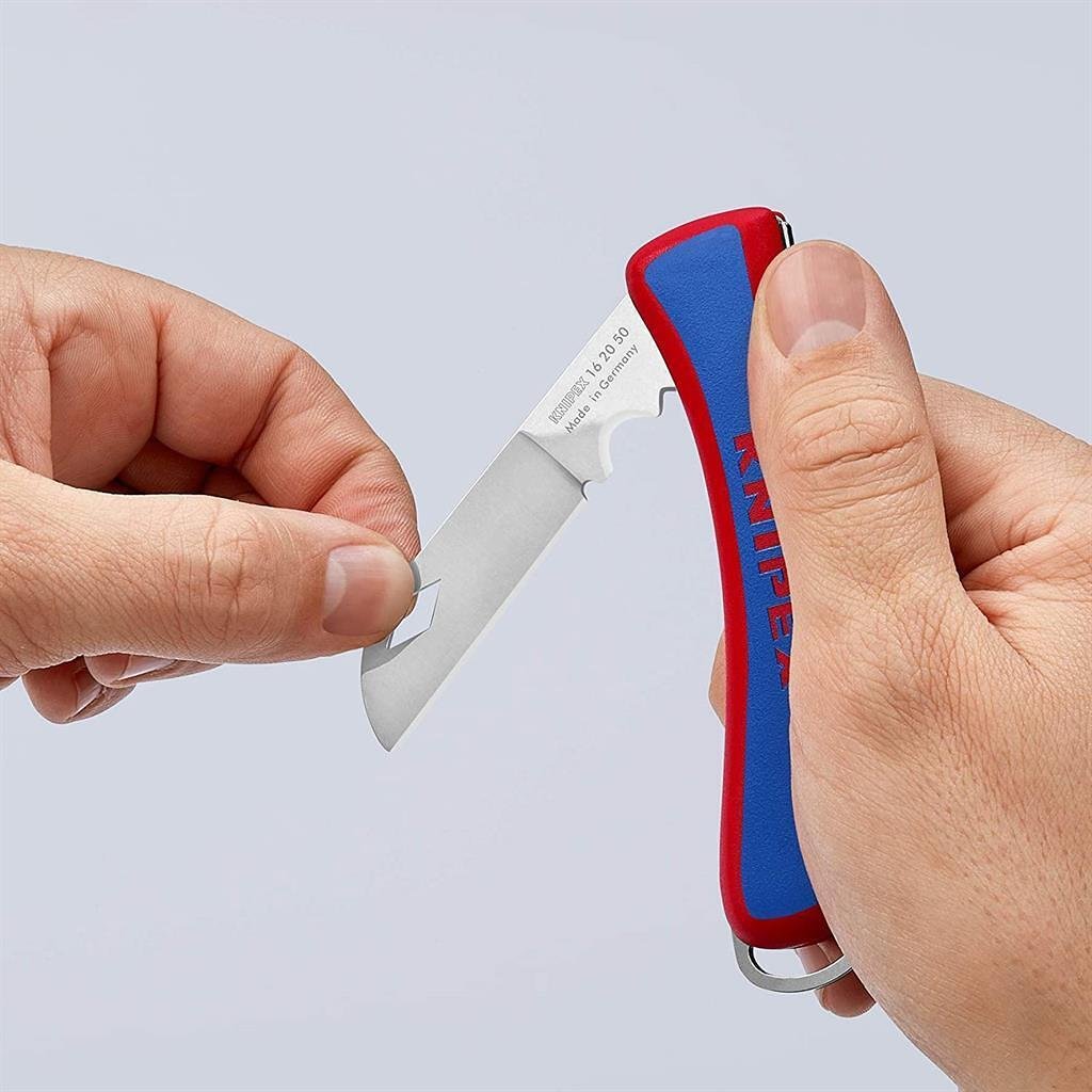 Coltello pieghevole per elettricisti, impugnatura blu-rossa 120mm, Knipex - K162050SB
