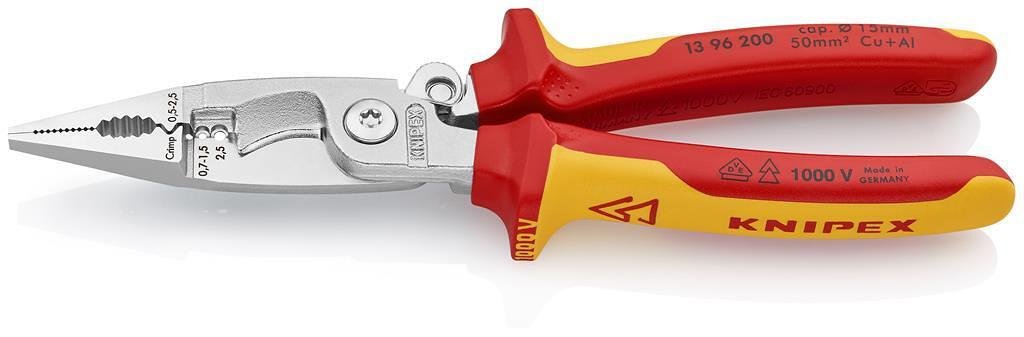 Pinze per installatori, cromate, VDE 1000V manico giallo-rosso 200mm, con bloccaggio, Knipex