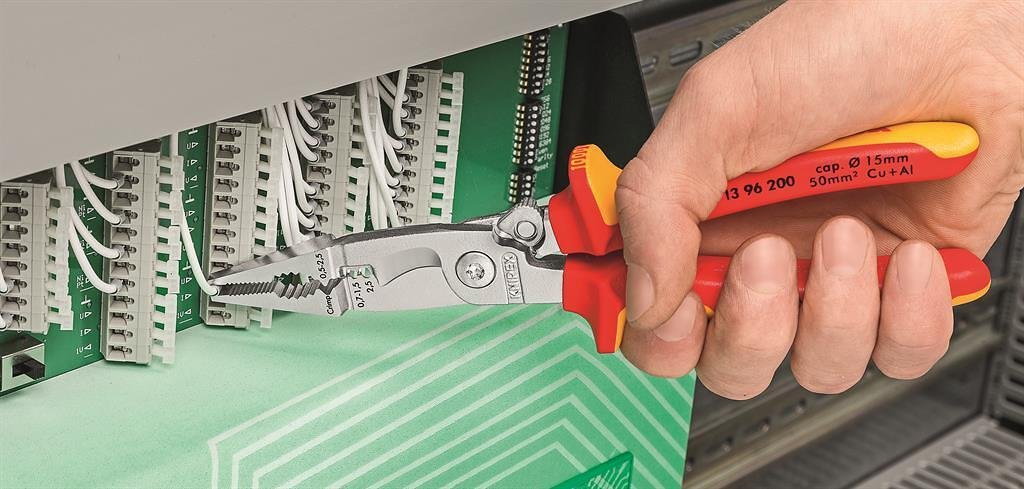 Pinze per installatori, cromate, VDE 1000V manico giallo-rosso 200mm, con bloccaggio, Knipex