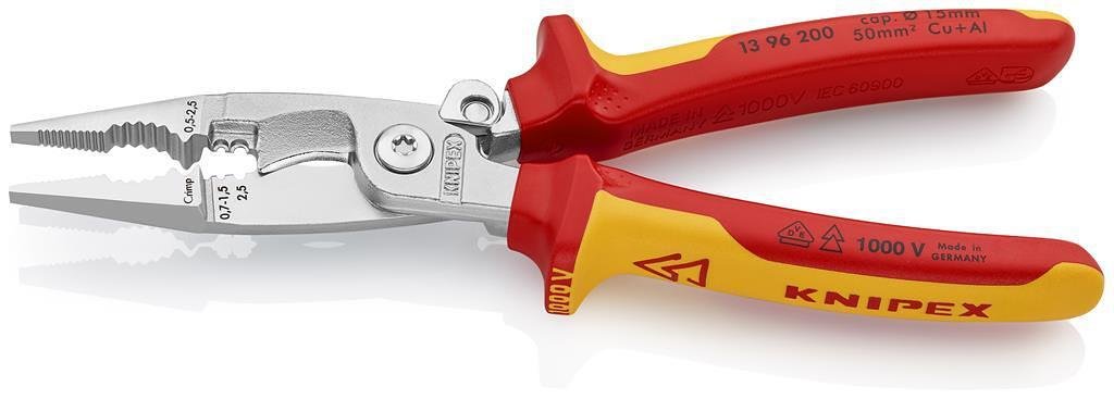 Pinze per installatori, cromate, VDE 1000V manico giallo-rosso 200mm, con bloccaggio, Knipex