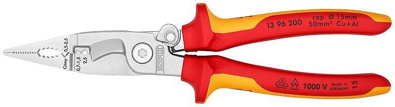 Pinze per installatori, cromate, VDE 1000V manico giallo-rosso 200mm, con bloccaggio, Knipex