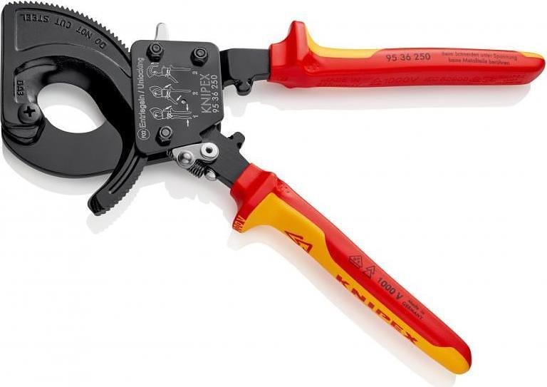 Kabelschere bis 240mm², VDE 1000V gelb-rote Griffhülle 250mm, mit Öffnungsfeder, Knipex - K9536250