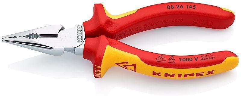 Clești combinați cu vârf ascuțit, cromat, VDE 1000V mâner galben-roșu 145mm, Knipex - K0826145
