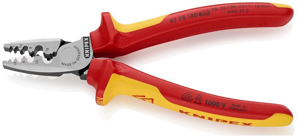 Clește pentru crimpat mâneci de cablu 0.25-16 mm², VDE 1000V mâner galben-roșu 180 mm, Knipex - K9778180