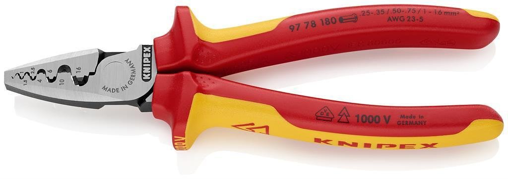 Clește pentru crimpat mâneci de cablu 0.25-16 mm², VDE 1000V mâner galben-roșu 180 mm, Knipex - K9778180