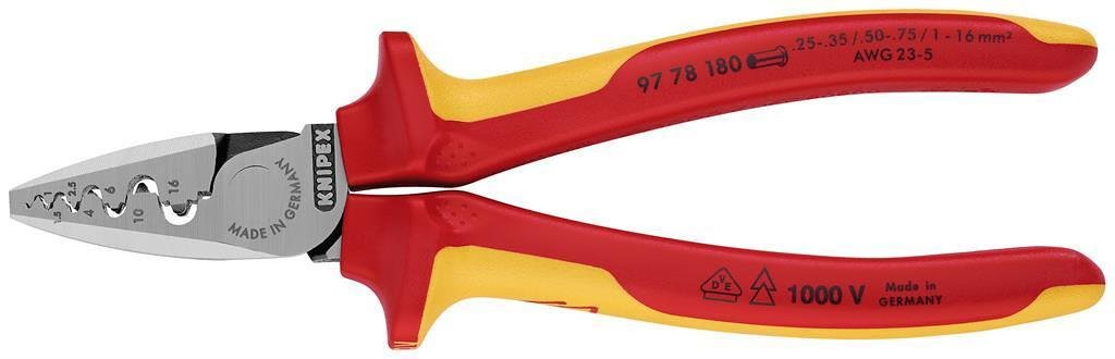 Clește pentru crimpat mâneci de cablu 0.25-16 mm², VDE 1000V mâner galben-roșu 180 mm, Knipex - K9778180