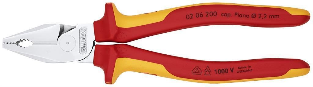 Clește combinate consolidate, cromate, VDE 1000V mâner galben-roșu 200mm, Knipex - K0206200
