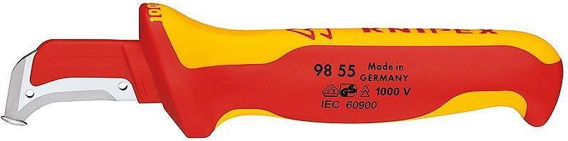 Coltello per cavi curvo con protezione, VDE 1000V manico giallo-rosso 180mm, Knipex - K9855