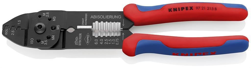 Clește pentru crimpat vârfuri de cablu 0.5-2.5mm² neizolate, mâner albastru-roșu 230mm, Knipex - K9721215B